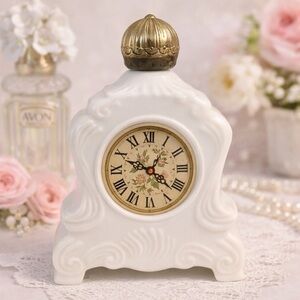 Vintage Avon white Milk Glass Mantel Clock bottle with ornate Finial